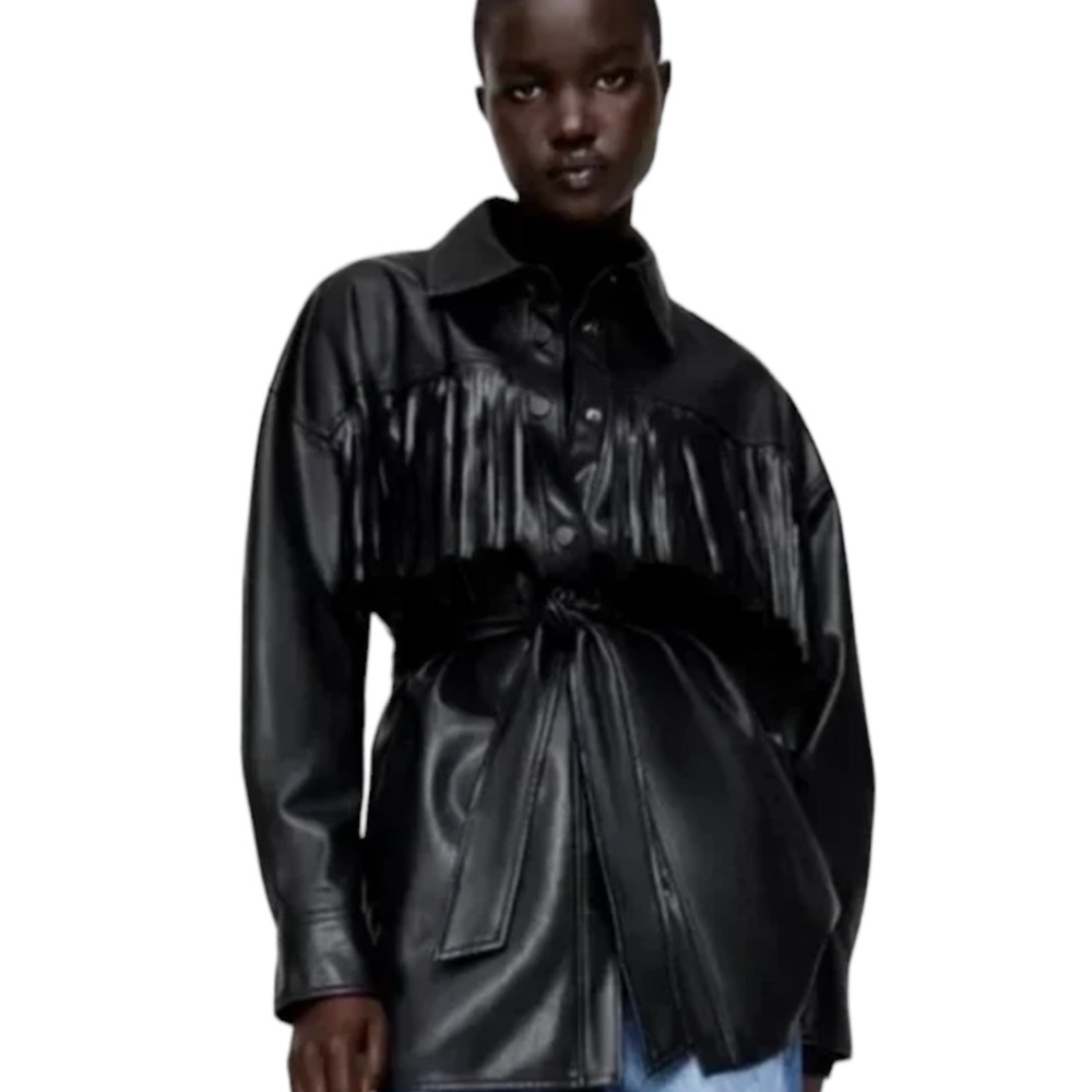 ZARA: NWT Black Faux Leather Fringe Jacket - Size Medium - Picture 3 of 16